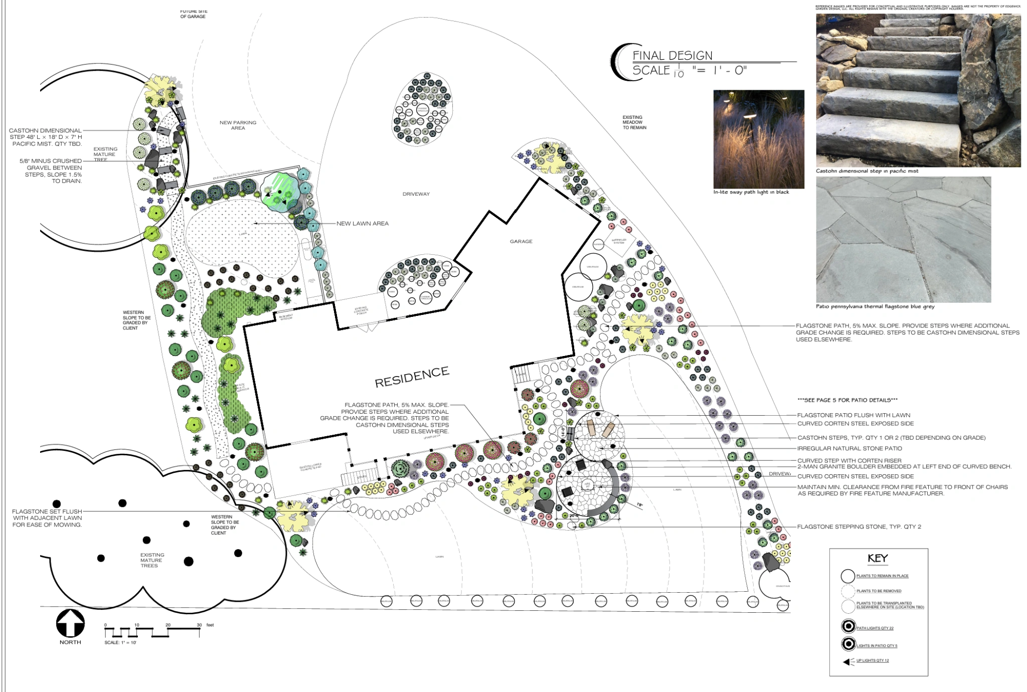 Final plan: refined planting, lawn, natural stone paths, and a circular patio.