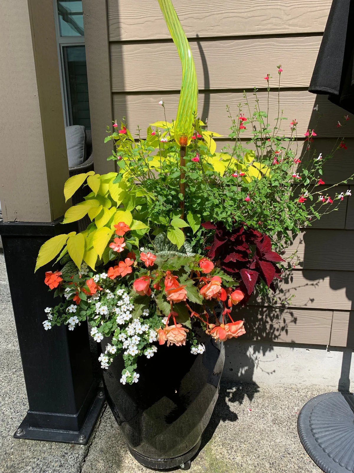 A dark container filled with layered foliage and seasonal flowers.