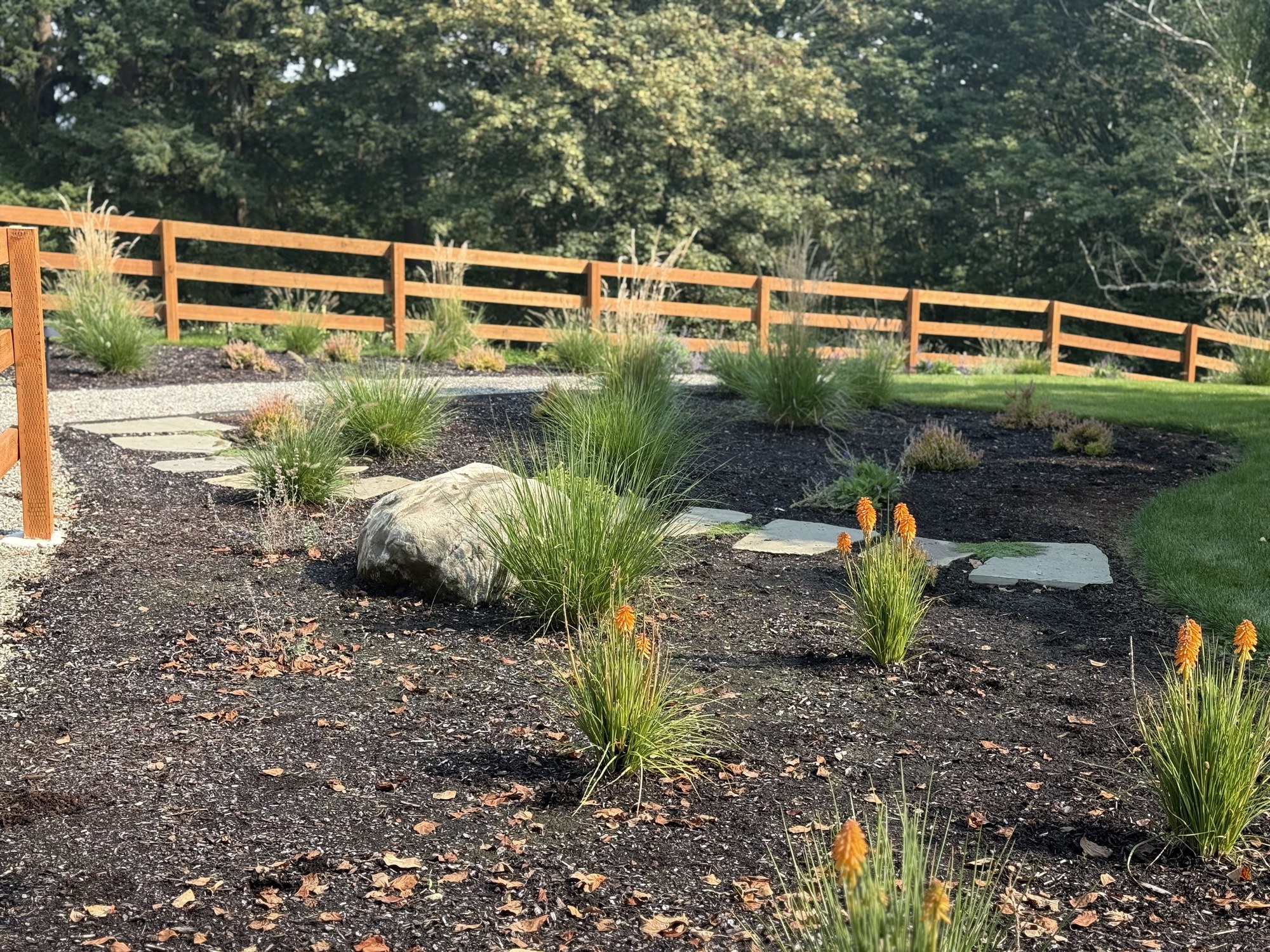 Orange flowers and ornamental grasses surround a boulder and stepping-stone path.